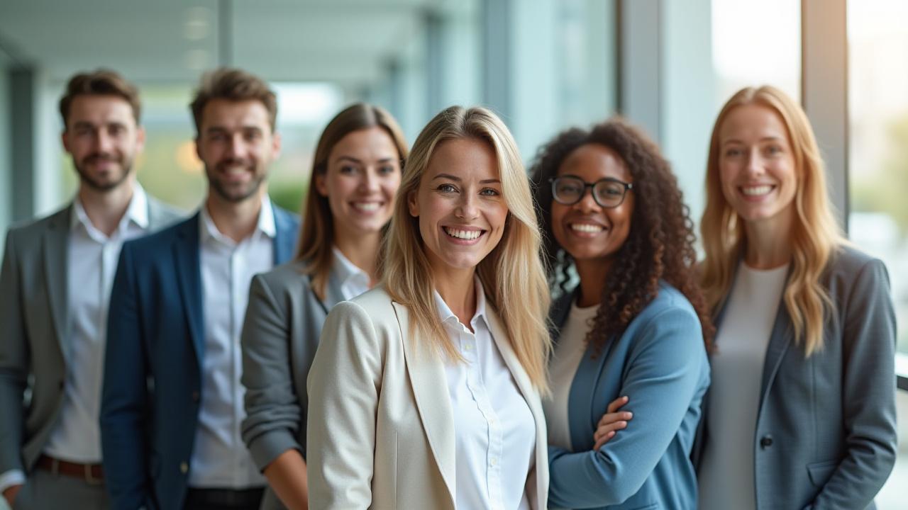 Diverse group of smiling professional English tutors in a modern London workspace